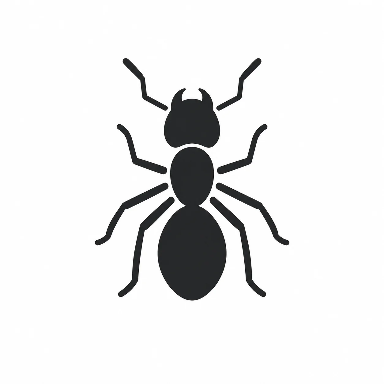 A black ant silhouette with six legs and antennae, perfect for New York City pest control branding.